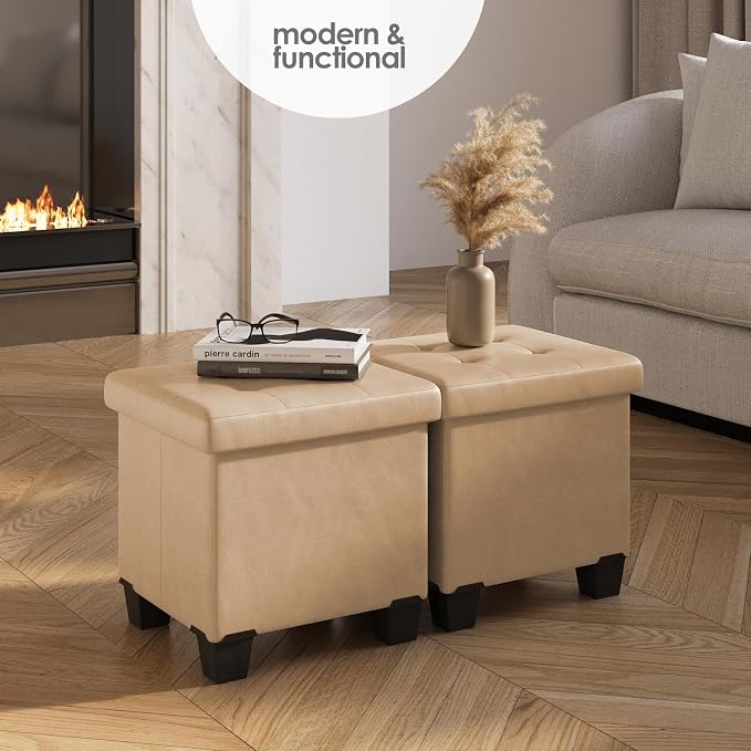 Storage Ottoman Cube with Small Bin, 15-in Square Ottoman with Storage for Living Room and Bedroom, Small Ottomans Foot Rest, Leather Foot Stools Ottomans Max 330lbs, Taupe - Image 2