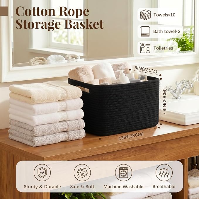 OIASKET 4Packs Natural Cotton Rope Storage Baskets for Organizing Toys, Clothes, Towels & Books, Soft Versatile Organizers for Shelves, Home Decorative Bins, 13''Lx9''Wx7.8''H, Black - Image 2
