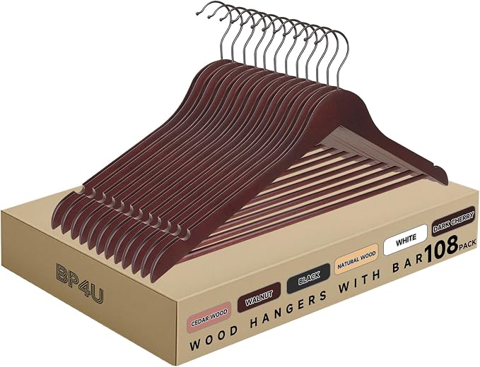 Wooden Clothes Hangers with Pants Bars, Mahogany, 108-Pack | Heavy Duty Solid Wood Suit & Coat Hangers with Swivel Hook & Shoulder Notches, for Shirts, Jackets, Dresses & Trousers by BP4U%E2%84%A2
