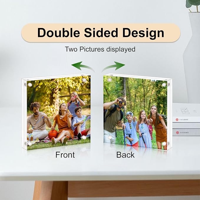 AMEITECH 8x8 Acrylic Picture Frame, Frameless Clear Photo Frames | Double Sided Floating Magnetic Frames, 24mm Thick, Free Standing Desktop Display for Postcards, Pictures and Artworks - Image 4