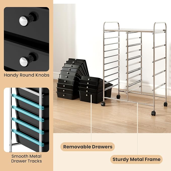 DREAMADE 15-Drawer Rolling Storage Cart, Mobile Craft Cart, Black | Utility Organizer with Lockable Wheels, Removable Plastic Drawers and Metal Frame for Home Office, Classroom and Studio - Image 6
