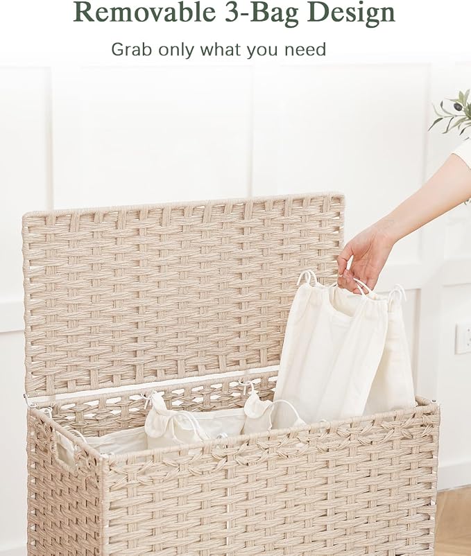 SETVSON Laundry Hamper with Lid,Clothes Hamper with Lid,132 L, Light Khaki | 35 Gallons, Handwoven Rattan Laundry Hamper, Metal Heightened Feet, 3 Removable Liner Bags for Laundry - Image 3