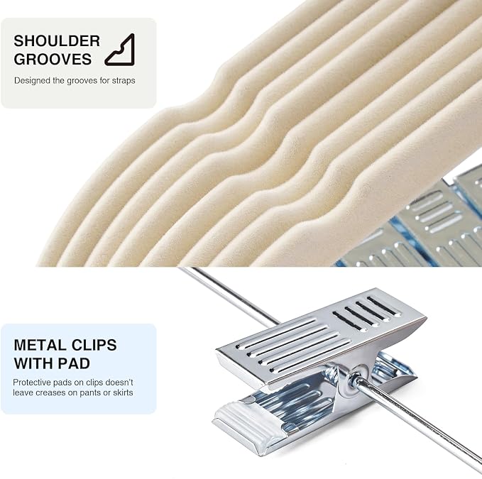 36-Pack Beige Velvet Hangers with Clips Adjustable,Adult Hangers,Heavy-Duty,Felt,Non-Slip,Space Saving,Slim Outfit Hanger for Pants, Skirts, Suits,Coats, Dresses ect. - Image 3