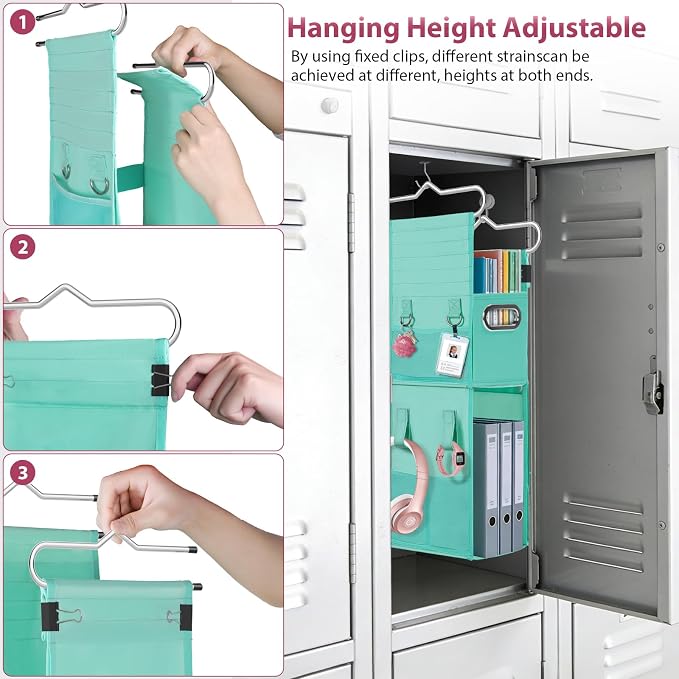 3 Shelf Hanging Locker Organizer with Side Pockets, Dark Green | Durable Oxford Fabric, Deep Shelves 9 in x 7 in, Adjustable Locker Shelf from 3 to 2 Shelves for School Locker, Gym, Closet - Image 7