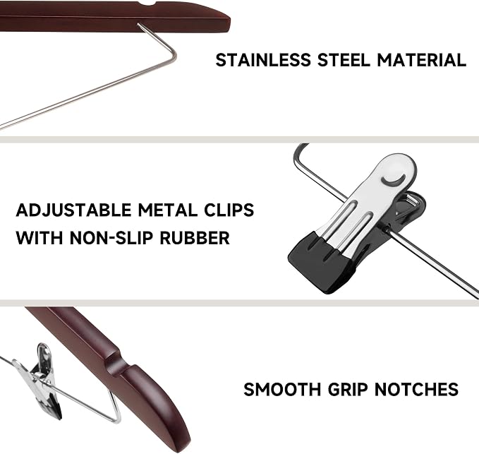 Wooden Hangers with Adjustable Metal Clips, 24-Pack, Dark Cherry | Solid Wood Hangers with 360° Rotatable Hook for Skirt, Dress, Coats, Jacket and Pants, Space-Saving and Non-Slip Design - Image 4