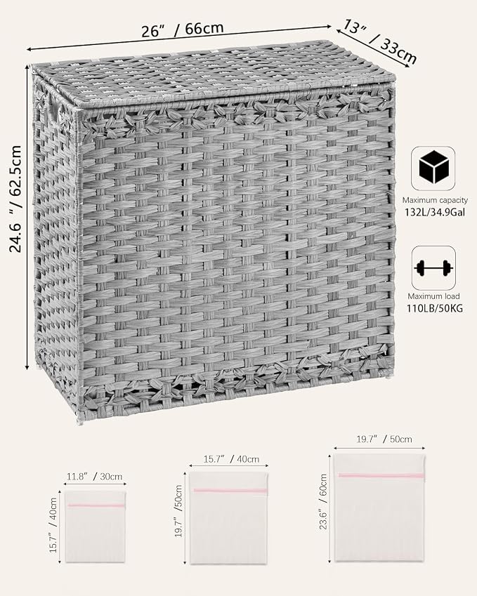 SETVSON Laundry Hamper with Lid Laundry Basket 132 L PE Rattan, Gray | 35 Gal PE Rattan Hamper with Lid, 4 Removable Washable Liners, 6 Mesh Laundry Bags, Steel Frame, Side Handles - Image 5