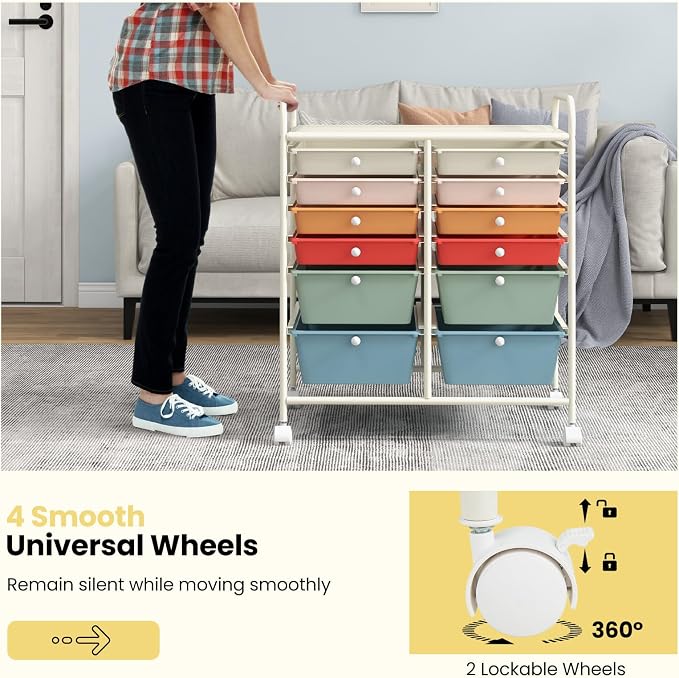 Giantex 12 Drawer Rolling Storage Cart Tools Scrapbook Paper Office School Organizer (Macaron) - Image 7