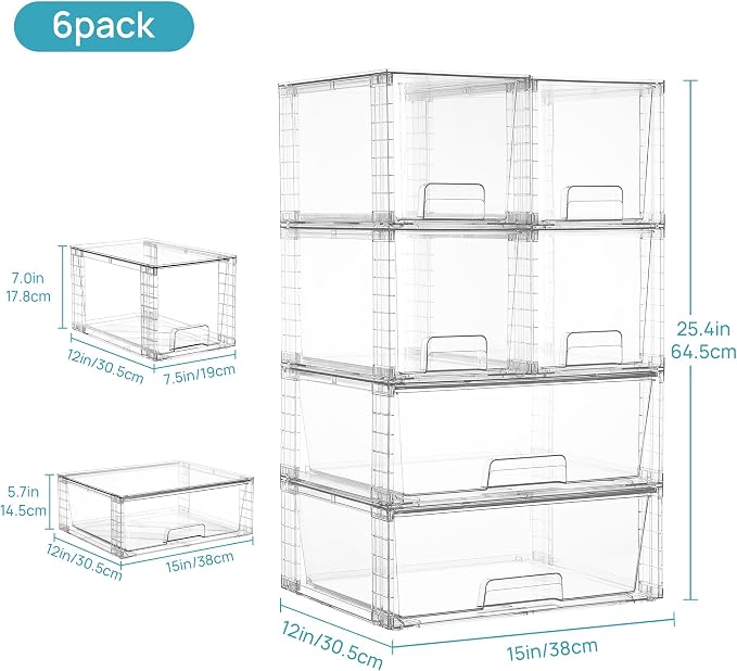Vtopmart Clear Stackable Storage Drawers, 6 Pack Large Organizer Set | Wide and Medium Pull-Out PET Drawers with Stackable Design for Larger Storage Needs, Kitchen Cabinets, Closets and Pantry - Image 3