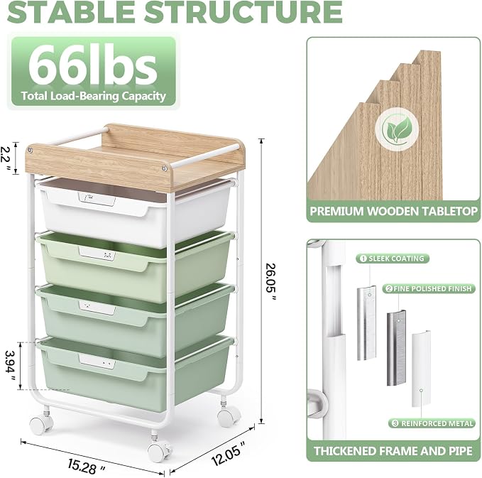 SYKIARIOL Rolling Storage Utility Cart with 4 Drawers,Art Cart,Green | Kids Craft Cart,Makeup Organizer and Storage with Wooden Tabletop - Image 9