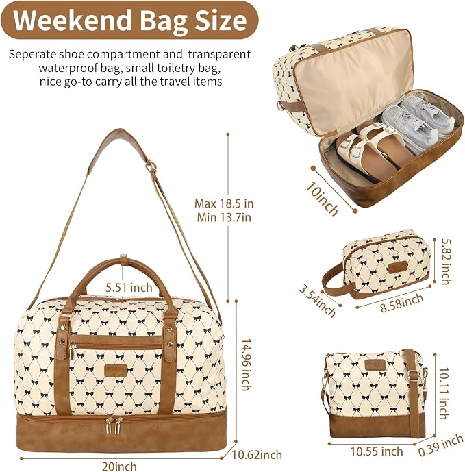 3PCS Weekender Bags for Women Large Overnight Bag, Cream Bow | Weekender Travel Duffel Bags Carry on Shoulder with Shoe Compartment Toiletry Bag Satchel Bag for Travelling Business Gym - Image 4