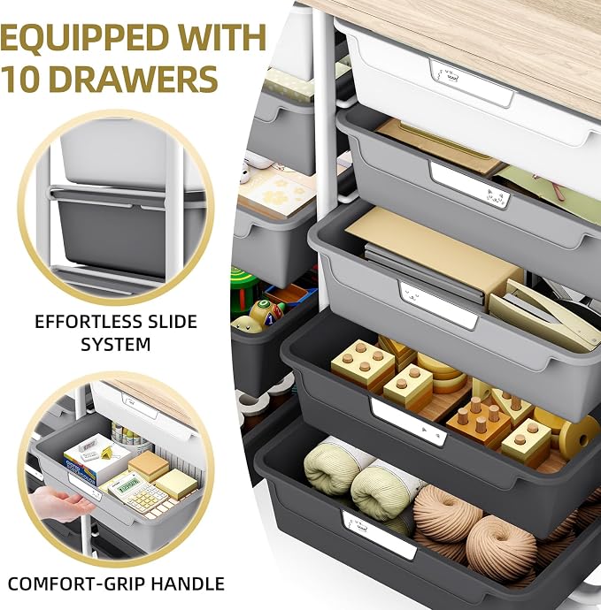 10 Drawer Rolling Storage Cart with Wood Top for Classroom Crafts Grey | Easy Setup, Large Capacity, Sturdy Build, Lockable Mobility, For office, classroom and home supplies - Image 4