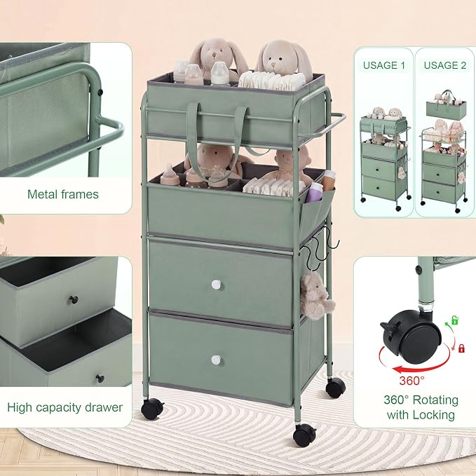 FoldTier 3In1 Baby Diaper Caddy Organizer Cart 4 Tier Large Capacity Metal Utility Bedside Rolling Cart with Divider Newborn Registry Nursery Essential Must Have Bedroom Gift Baby Shower (Green) - Image 3