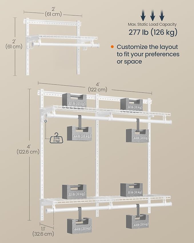 SONGMICS HOME Closet System, Closet Insert Organizer, 3-6 ft Closet Shelves | Adjustable Metal Shelving Unit, 2 Hanging Rods, 4 Shelves, Hooks, Pearl White and Cloud White, PATRIA Collection URGR031W01 - Image 3