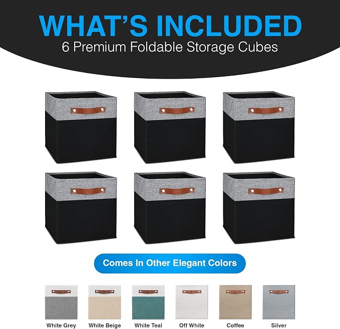 11 Inch Cube Storage Bin - 6 Pack - Linen Fabric 11x11 Cube Storage Bins for Bedroom, Living Room, Clothes and Toys; Foldable, Dual Leather Handles - Image 2