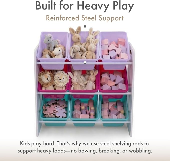 Humble Crew Kids Toy Organizer with 9 Bins, 3 Tier Storage for Playroom | Sturdy wood and steel toddler shelf, removable BPA-free containers, wall anchor anti-tip safety kit for bedroom or classroom - Image 5