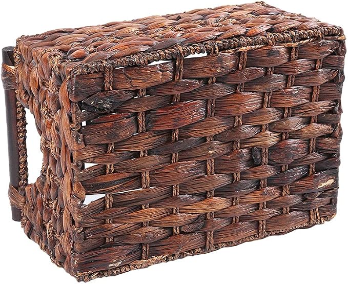 Water Hyacinth Wicker Storage Basket with Wood Handles, Large | Rectangular dark brown woven rattan basket, for shelves, kitchen countertops, closet, holds magazines, toilet paper - Image 8