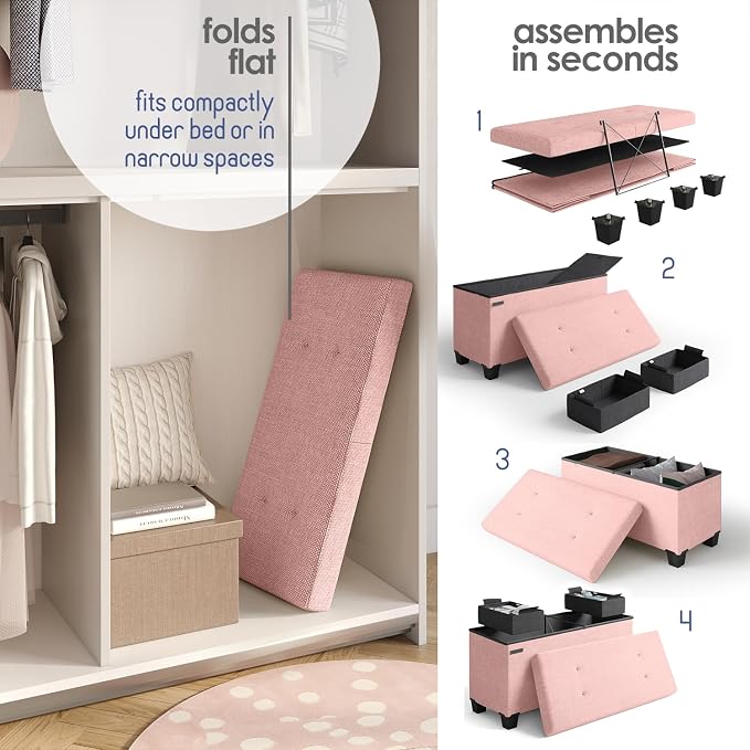 Storage Ottoman Bench with Bins, 30-in Storage Bench for Bedroom End of Bed, Folding Foot Rest Ottoman for Living Room Max 660lbs, Fabric Ottomans, Pink - Image 6