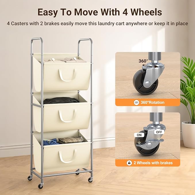 ELYKEN 3-Tier Vertical Rolling Laundry Hamper with Wheels & Removable Bags | 120L Capacity, Space-Saving Design, Locking Casters, 3 Section Laundry Sorter for Apartments, Small Spaces, Closet, Dorm - Image 7