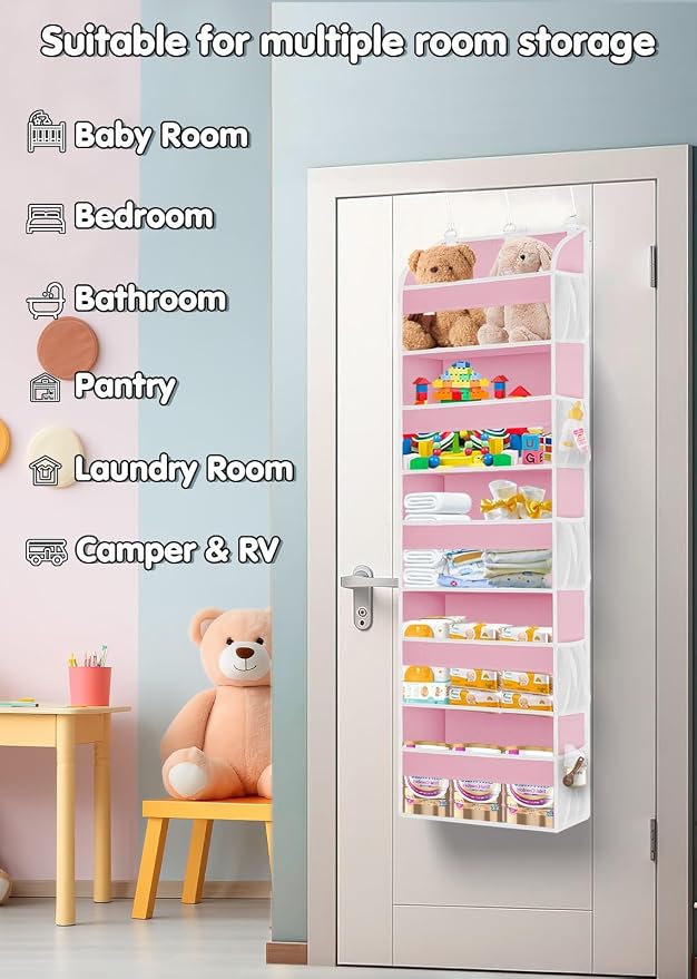 TAHAVICE 2 Pack Over the Door Storage Organizer with 5 Large Pockets | 44 lbs Weight Capacity & 10 Mesh Pockets Door Hanging Organizers and Storage for Bedroom,Bathroom,Nursery,Babyroom(Pink) - Image 4