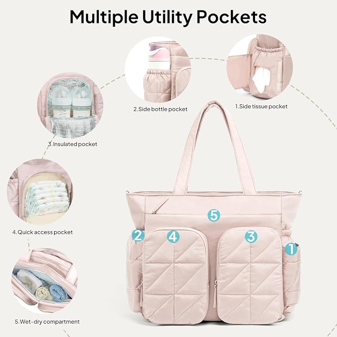 TOPEAST Diaper Bag Tote, Quilted Puffer Baby Bag with Insulated Pockets, Lightweight Hospital Bag for Mom & Dad, Travel, Work - Image 6