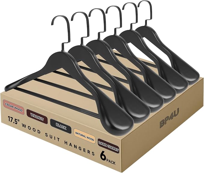 Wooden Suit Hangers with Non Slip Pants Bar, Black, 6-Pack, 17.5" | Wood Extra-Wide Shoulder Hangers with Flat-Head Hook for Suits, Coats, Jackets, Shirts, Pants, Heavy Clothes by BP4U%E2%84%A2