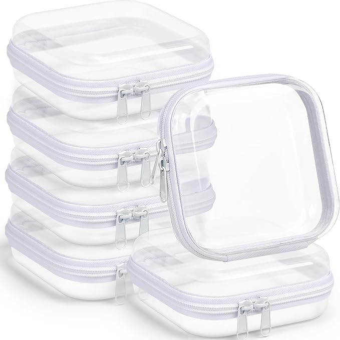 Sanwuta 6 Clear Hard Zipper Case,White,5 X 5 X 2 Inch | Pencil Case Pouches ,Makeup Bag,Plastic Toiletry Diaper Bag ,Travel Toy Storage,Waterproof Organizer Bins by Sanwuta