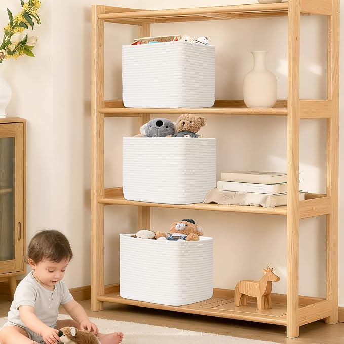 3 Pack Cube Storage Bin, 12”x12”x10” Cotton Rope Woven Baskets for Organizing Toys Clothes Towels, Square Gift Storage Baskets for Shelves, Nursery, Closet, Bathroom, Pantry (White) - Image 7