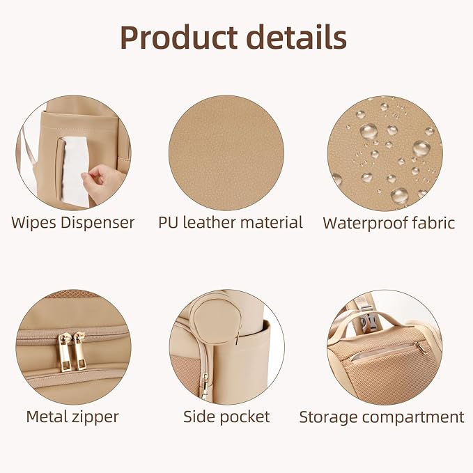 Large Leather Diaper Bag Backpack, Baby Travel Bag with Changing Pad, Insulated Pockets, Stroller Straps and Pacifier Case, Water-Resistant Diaper Bag for Mom and Dad, Khaki - Image 4