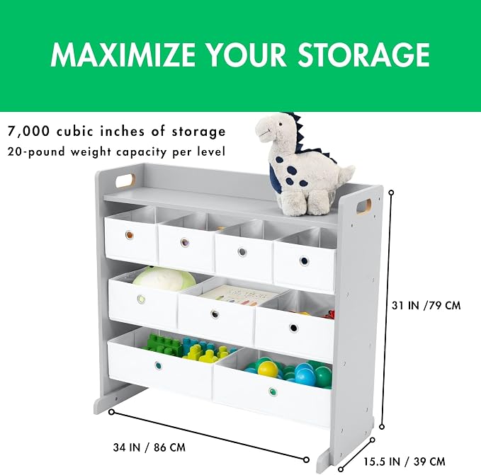 Humble Crew Kids Toy Organizer with 9 Fabric Bins, 3 Tier Storage Shelf | Sturdy wood and steel toddler frame, collapsible containers, wall anchor anti-tip safety kit for playroom, bedroom, classroom - Image 2