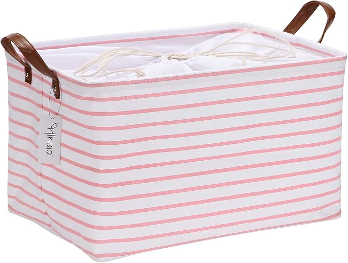 Hinwo 31L Large Canvas Storage Bin with Lid and Handles | Collapsible Fabric Basket, Closet Shelf Organizer, Container for Clothing, Blankets, Toys, Bedding (Pink Stripe) by Hinwo