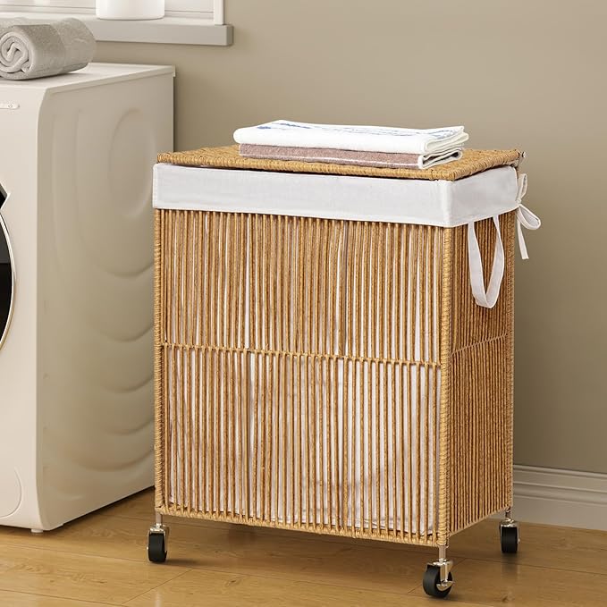 WOWLIVE Rolling Laundry Basket Wheels, Handwoven Laundry Hamper with Lid | Double Clothes Hamper with Divided Removable Bag, 115L Large Laundry Sorter 2 Section, Laundry Room Organization, Natural - Image 3