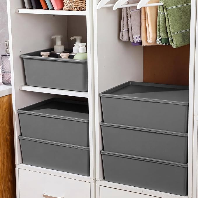 6 Pcs Plastic Storage Bins with Lids Stackable Storage Containers Durable Box Baskets for Organizing Shelves Playroom Classroom Office (Large,Grey) - Image 5