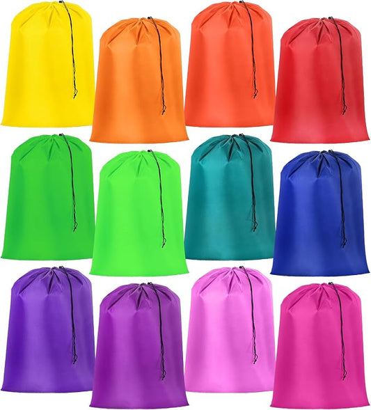 Woanger 12 Pack 28 x 45 Inch Extra Large Laundry Bags Bulk, Bright Colors | Washable Polyester, Drawstring Closure, For Clothes and Bedding, Foldable for College Dorms, Hotels, Camping and Travel by Woanger