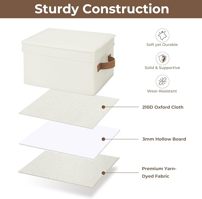 StorageWorks Fabric Storage Bins with Lids, Closet Storage Bins | Lidded Dust-proof, Easy Pull Handles, Foldable, Stackable, Ideal for Clothes Blanket Towel, Medium, Ivory, 3-Pack - Image 5
