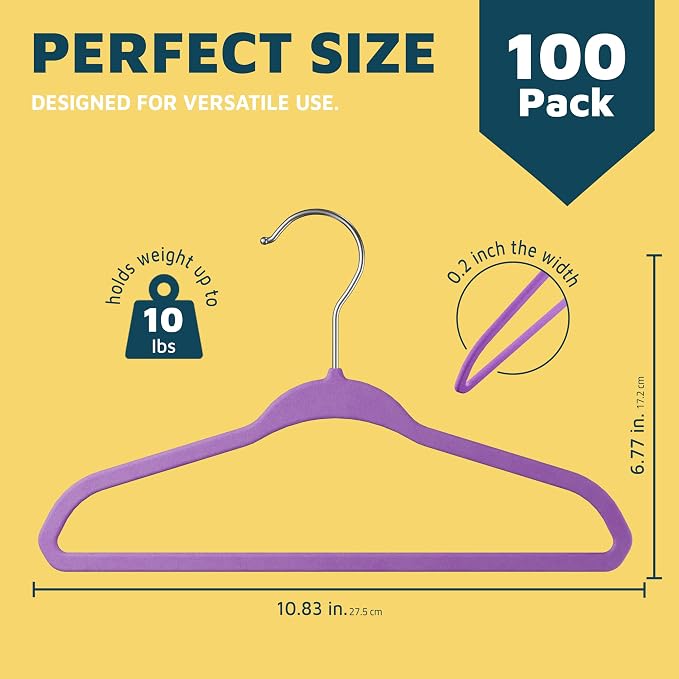 Purple Velvet Kids Hangers 100 Pack, 10.83" Non-Slip Baby & Toddler Hangers for Clothes, Space-Saving Slim ABS Plastic with 360° Swivel Hook & Notched Shoulders, Up to 10 lb Capacity - Image 2