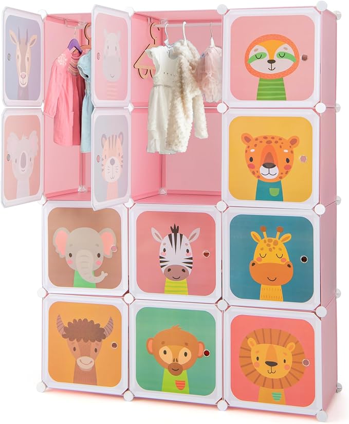 HONEY JOY Kids Wardrobe Closet, Baby Cartoon Clothes Storage Organizer, 12 Cubes & 2 Hanging Sections, Portable Children DIY Modular Bedroom Armoire Dresser Cabinet for Boys Girls (Pink) by HONEYJOY