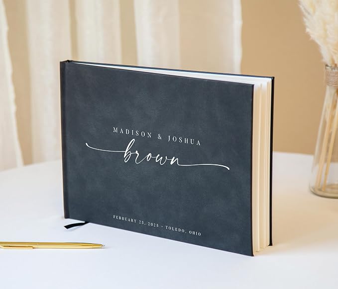 Personalized Guest Book - 11.5" x 8.5" Custom Bride & Groom Names with Bookmark and Hard Cover 140 GSM Blank Pages, for Weddings Guest Book, Engagements, Birthdays, Special Events, Charcoal - Image 6