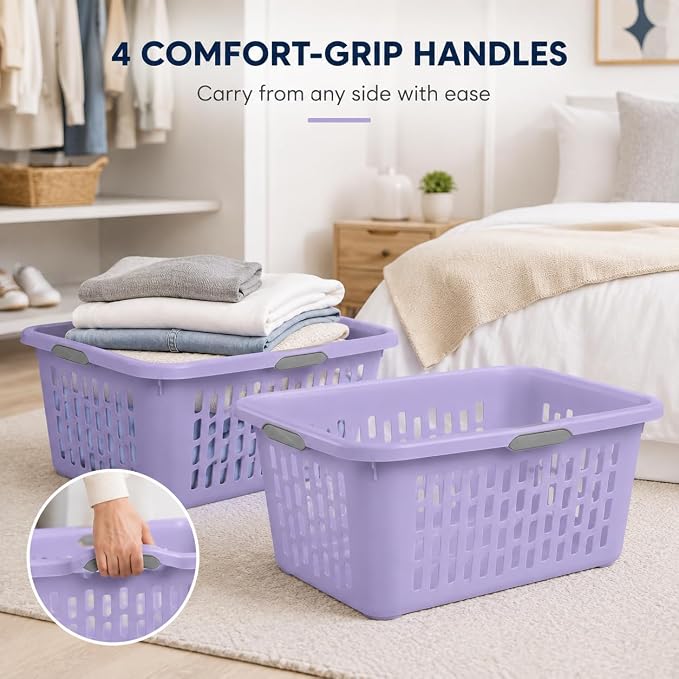 Laundry Basket 2 Bushel Plastic with 4 Handles 6 Pack Lilac | 6-Pack 2 Bushel Laundry Baskets with 4 Comfort-Grip Handles – Carries easily from any side. Rectangular ventilation holes - Image 7