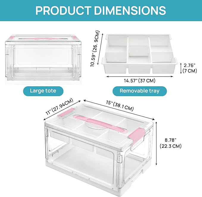 Vtopmart 24 QT Pink Clear Craft Organizer with Tray & Dividers, 1 Pack | Storage Box for Coloring Books, Modeling Clay, Molds and Art Supplies, Removable Tray for Craft Supplies Organization - Image 2