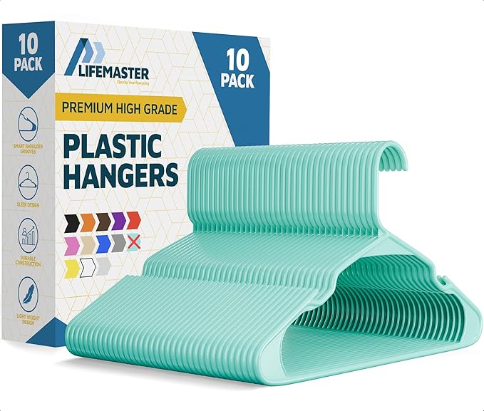 Lifemaster Plastic Clothes Hangers – Heavy Duty Hanger Set, for Organizing Clothes, Dresses, and Coat, Holds Up to 5 lbs, Space-Saving Hangers with Non-Slip Shoulder Grooves, Pack of 10, Aqua by LIFEMASTER
