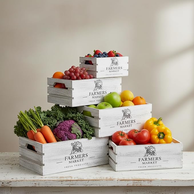 Barydat Set of 5 Wood Crates for Display Decorative Nesting Wooden Crate Storage with Handles Vintage Farmhouse Style Decorative Boxes Multipurpose Fruits Vegetables Boxes (Rustic White,Elegant) - Image 2