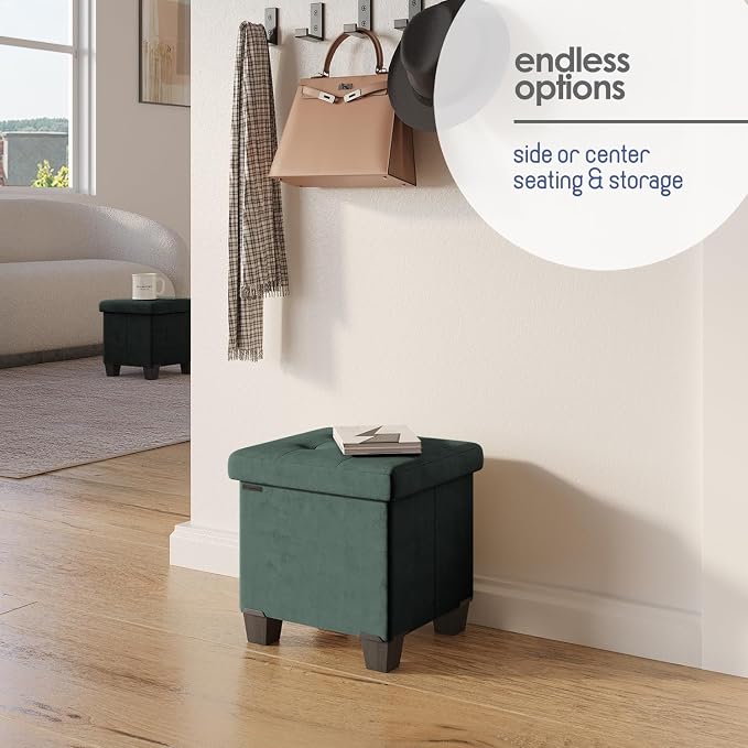 Storage Ottoman Cube with Small Bin, 15-in Square Ottoman with Storage for Living Room and Bedroom, Small Ottomans Foot Rest, Velvet Foot Stools Ottomans Max 330lbs, Green - Image 6