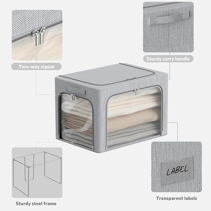 3 Openings Clothes Storage Bins Box - 3Pack Stackable Foldable Storage Bin - Metal Frame Storage Box Clothing Storage Organizer with Clear Window, Carry Handles (Light Grey, 100L-23.6x16.5x15.7in) - Image 4