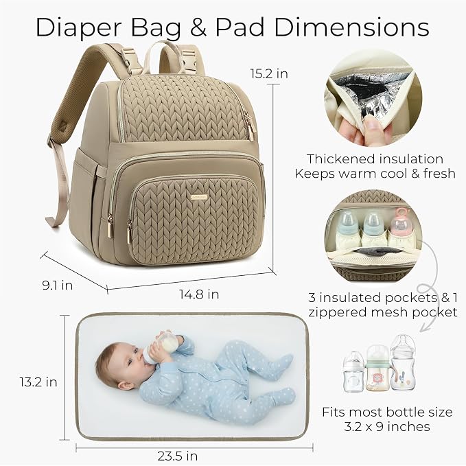 MAPLELILY Large Diaper Bag Backpack, Stylish Baby Travel Diaper Bag, Brown | Lightweight maternity hospital backpack. With changing pad, stroller straps, insulated pocket. Mom, dad, toddler - Image 6