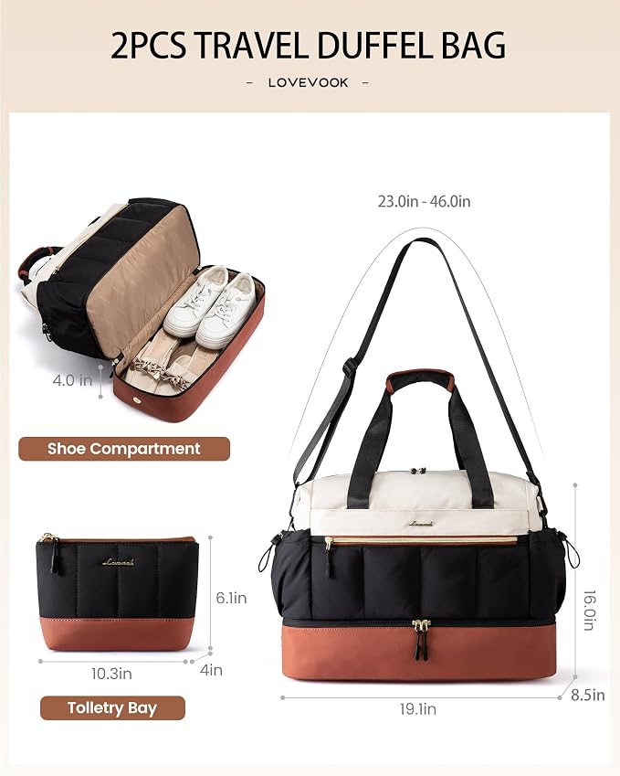 LOVEVOOK Travel Duffel Bag, Weekender Bags for Women, Large Overnight Bags with Shoe Compartment, 47L Carry on Gym Hospital Bag with Wet Pocket, 2 Pcs - Image 3