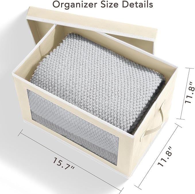 Storage Boxes with Lids - 4 Pack Fabric Clear Window Storage Bins, Large Decorative Storage Bins with Handles, Linen Closet Organizer for Clothes, Towel, Blanket, Beige - Image 4