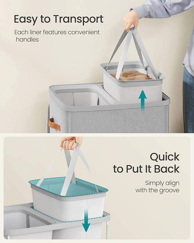 SONGMICS Laundry Basket, 44.9 Gal. Laundry Hamper, 2 Compartments, Easy Assembly, with Lid and Handles, Removable Inner Bags, 22 x 15.7 x 29.5 Inches, Dove Gray ULCB813G01 - Image 5