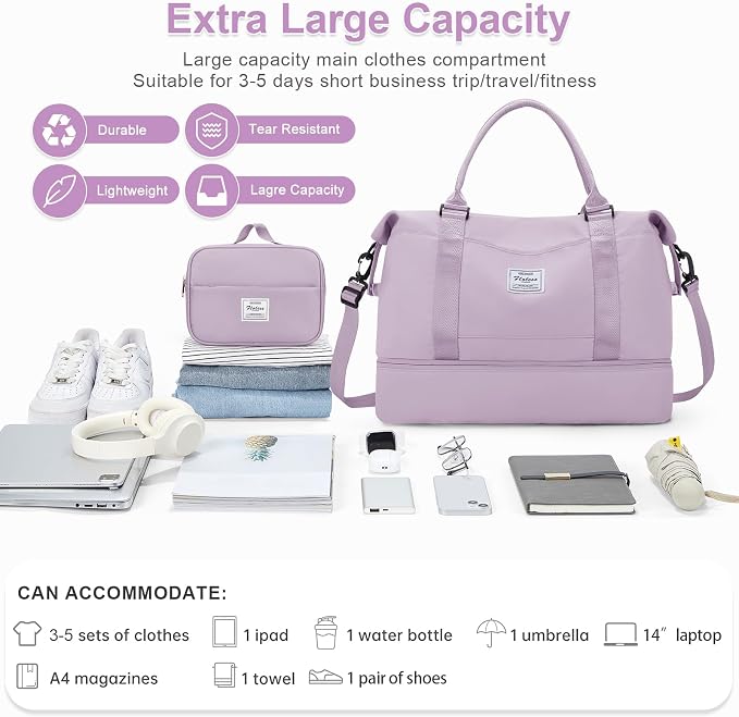 Large Weekender Bags for Women, Travel Duffel Bags with Shoe Compartment,Personal Item Travel Carry on Overnight bag for women Travel Set,Purple - Image 3