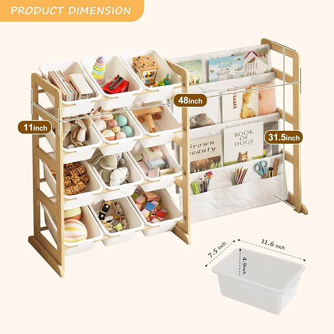 EXPERLAM Toy Storage Organizer with Bookshelf, Kids Toy Organizer and Storage Shelf with 12 White Bins, Solid Pine Wood Book Rack for Playroom, Nursery, Kids Room, Toys and Books - Image 3