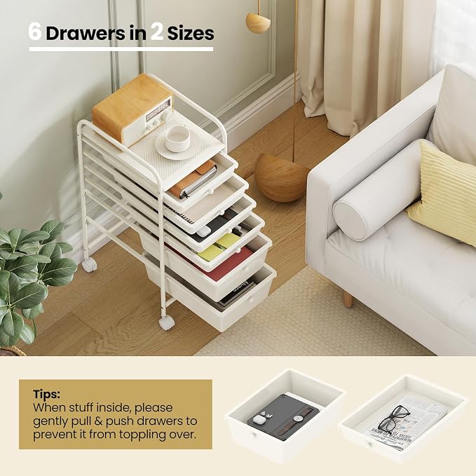Giantex 6 Storage Drawer Cart Rolling Organizer Cart for Tools Scrapbook Paper Home Office School Multipurpose Mobile Utility Cart (Ivory) - Image 7